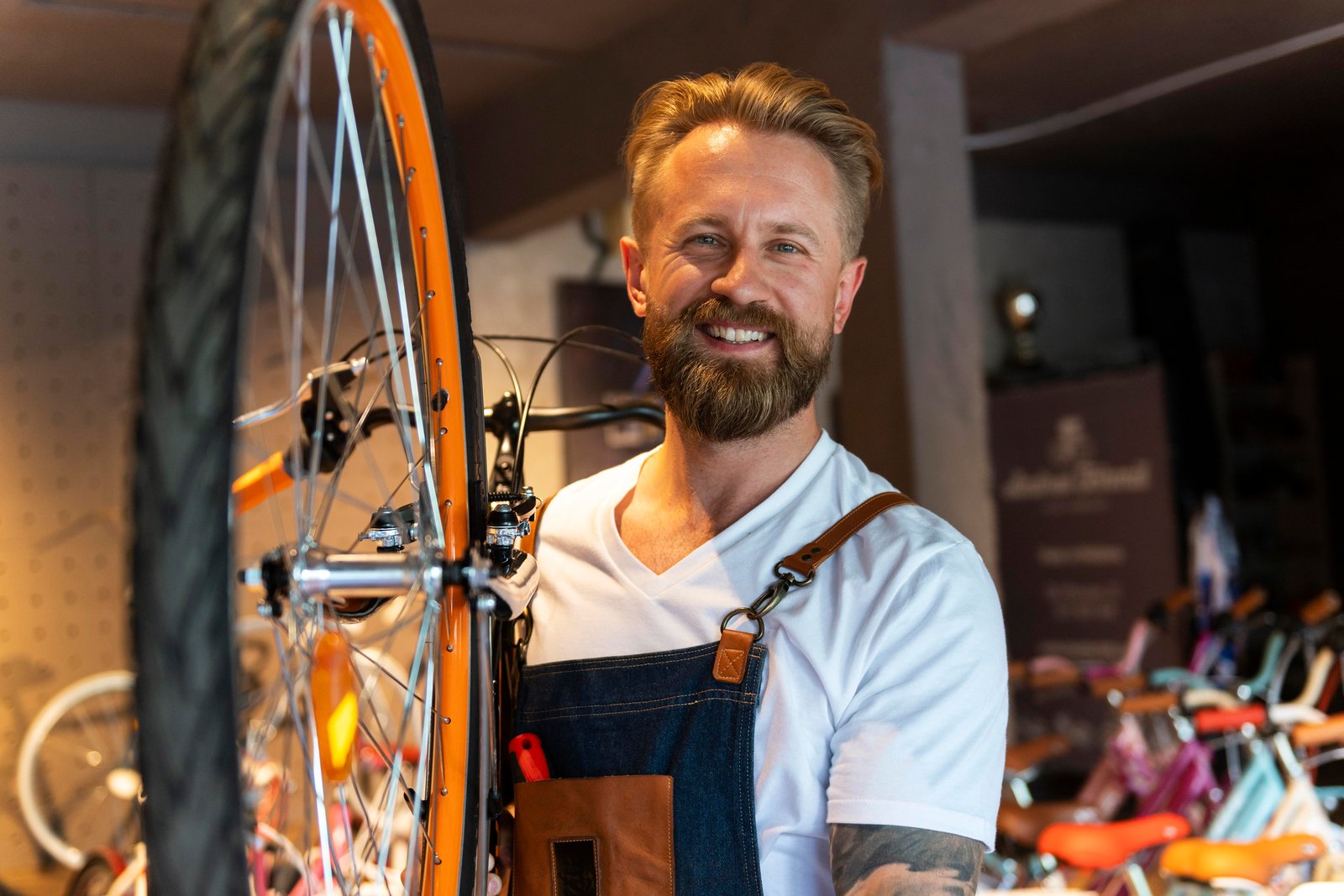 Właściciel serwisu rowerowego w swoim warsztacie