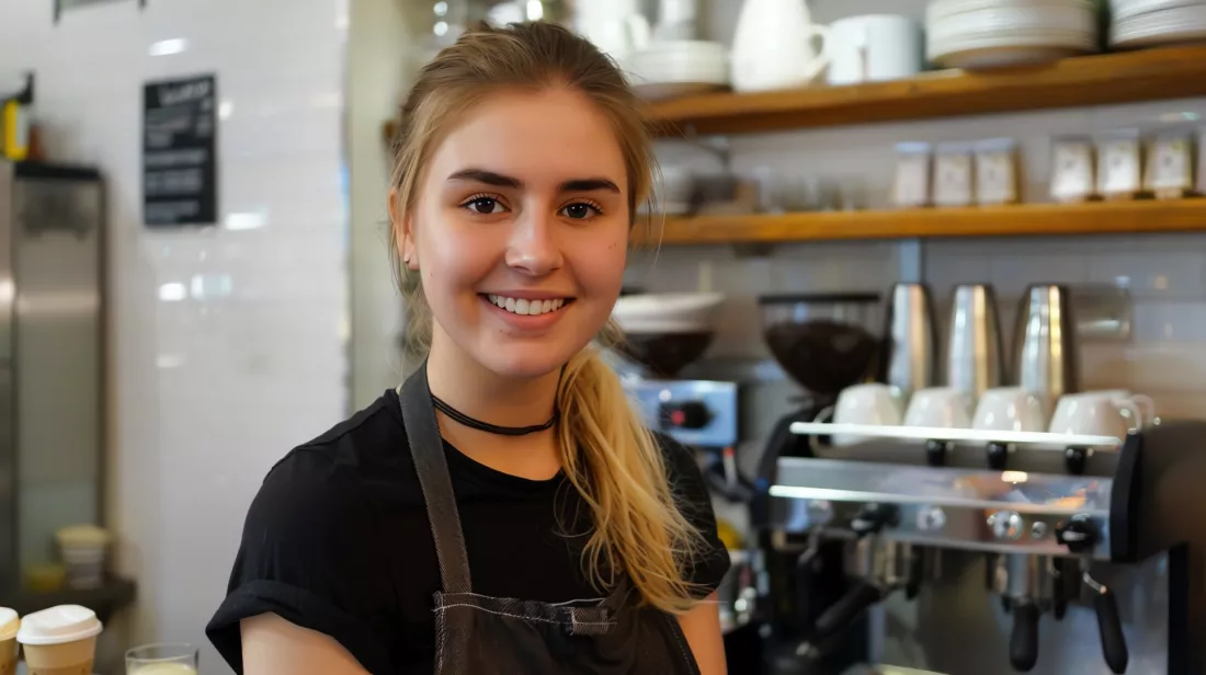 Mloda barista w kawiarni, typowa praca dorywcza w trakcie studiow