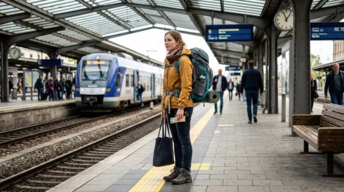 Young woman with a backpack waiting on a train station platform