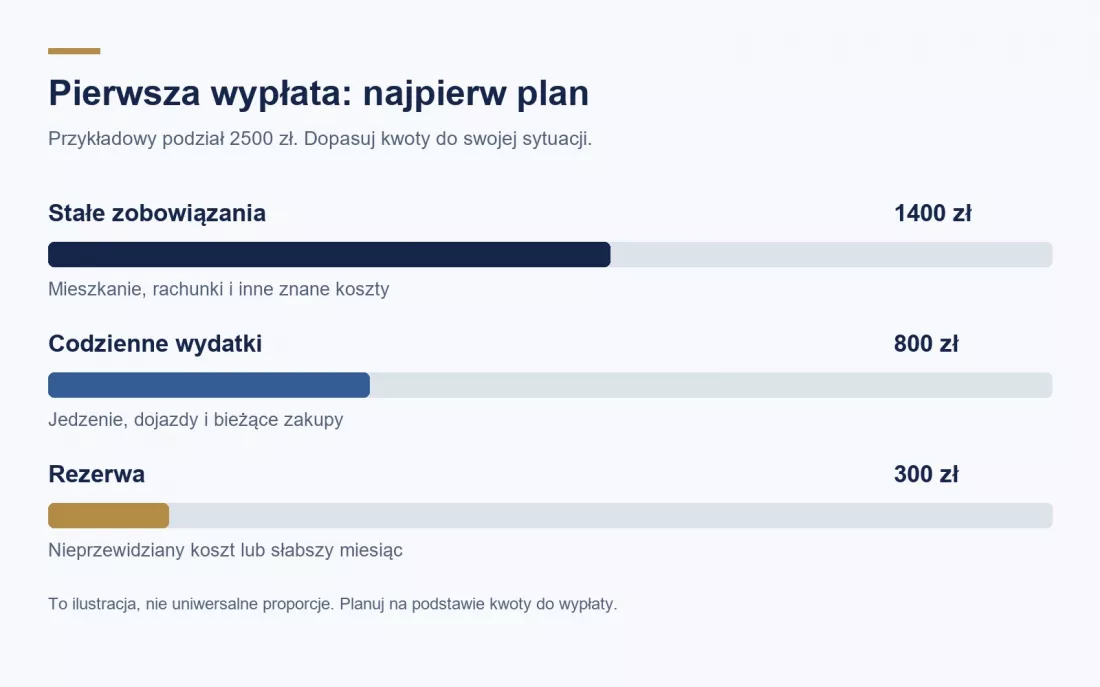 Przykładowy podział wypłaty 2500 zł na rachunki, codzienne wydatki i rezerwę, z zastrzeżeniem dostosowania kwot do własnego budżetu.