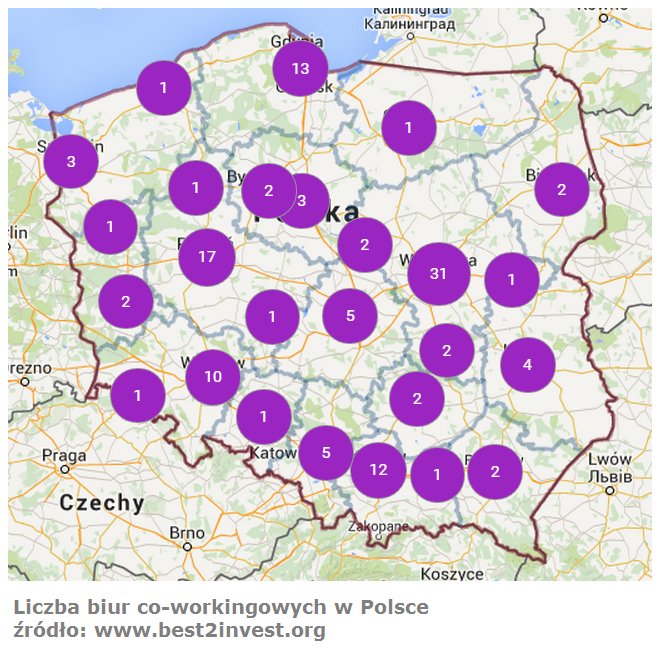 Liczba biur Coworking w Polsce, źródło www.best2Invest.org